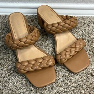 Tan brown nude braided sandals with heel